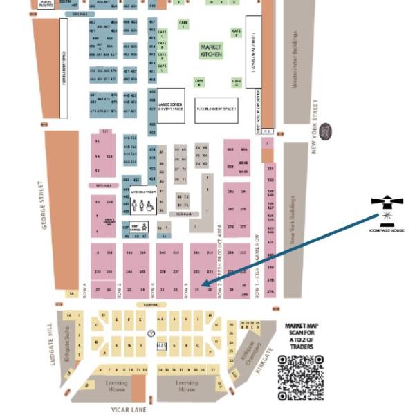 Map of where to find compass house - Unit 3 on Row 3 at Leeds Kirkgate Market