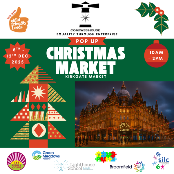 Flyer with christmas motifs advertising the Compass House market