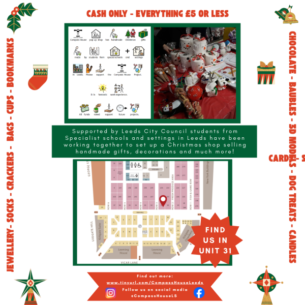 back of flyer with christmas motifs, easy read information a photo of the market with different handmade christmas gifts and a map to find the location (Unit 31 in kirkgate market)